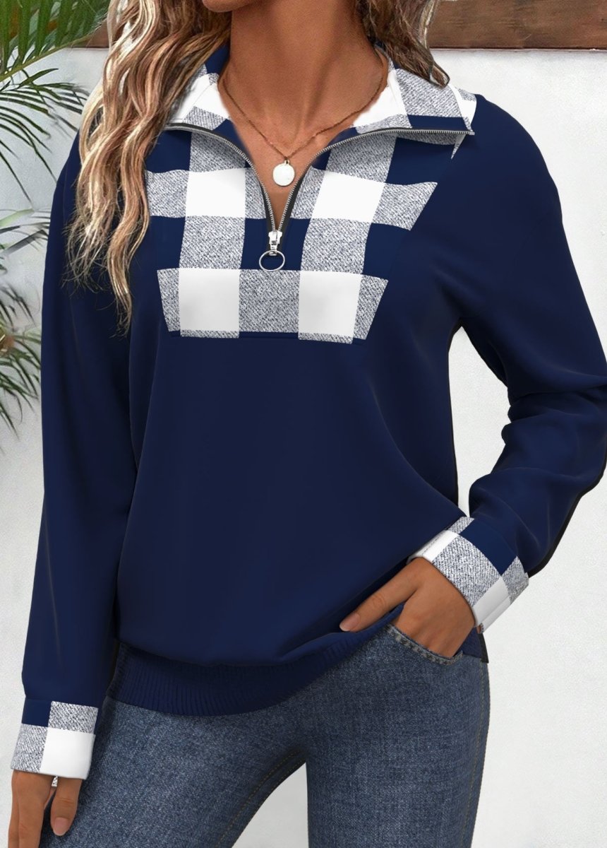 Elovana® Navy Patchwork Plaid Long Sleeve Turn Down Collar Sweatshirt - Elovana Montreal - 