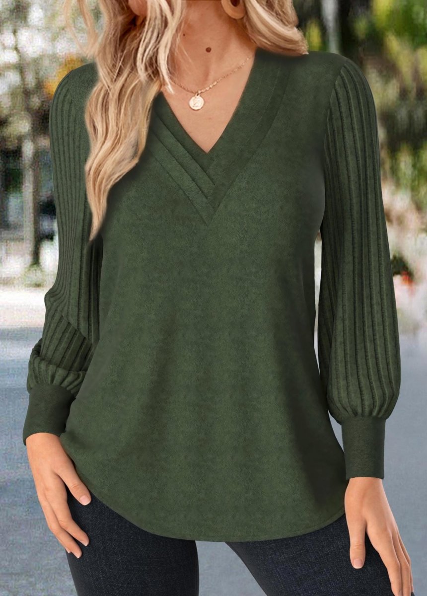 Elovana® Olive Green Patchwork Long Sleeve V Neck T Shirt - Elovana Montreal - 