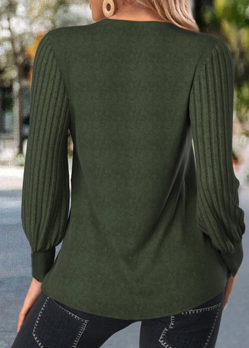 Elovana® Olive Green Patchwork Long Sleeve V Neck T Shirt - Elovana Montreal - 