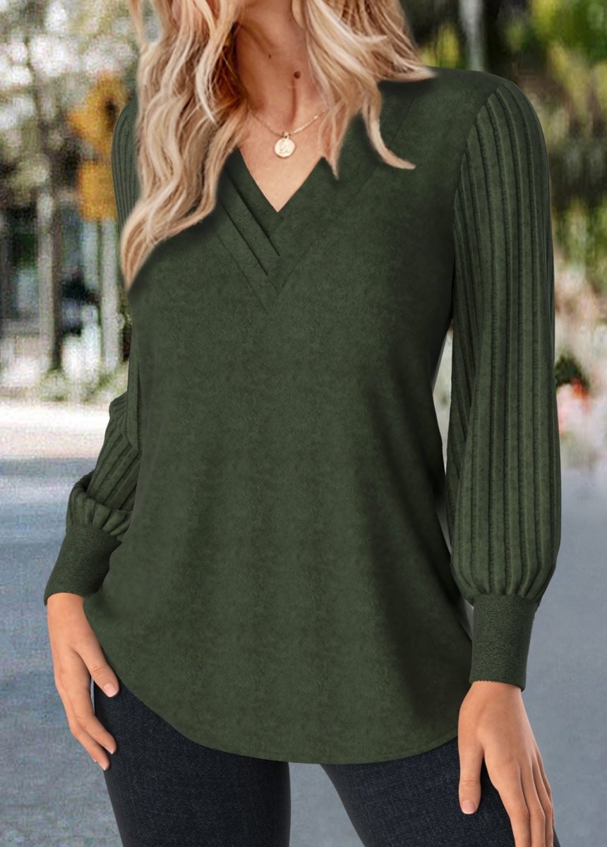 Elovana® Olive Green Patchwork Long Sleeve V Neck T Shirt - Elovana Montreal - 