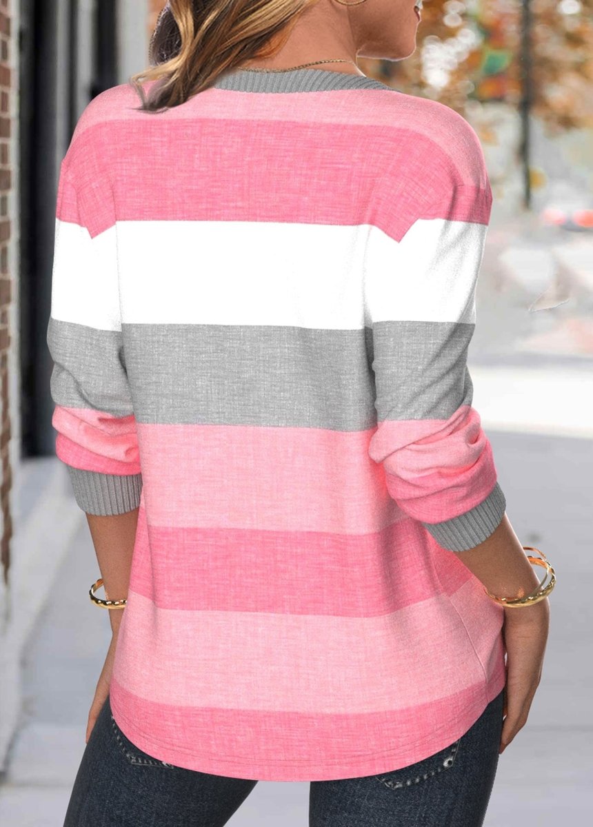 Elovana® Pink Patchwork Striped Long Sleeve Split Neck Sweatshirt - Elovana Montreal - 