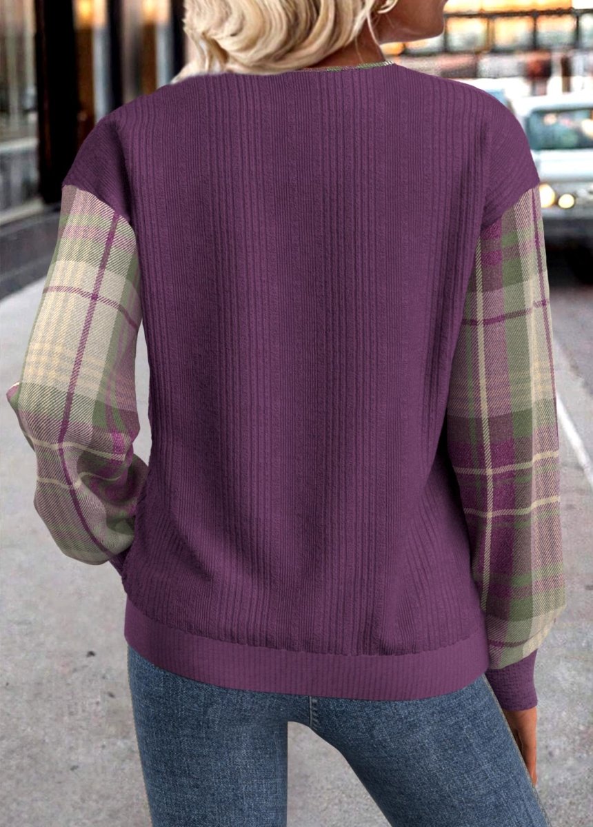 Elovana® Purple Button Plaid Long Sleeve Split Neck Sweatshirt - Elovana Montreal - 