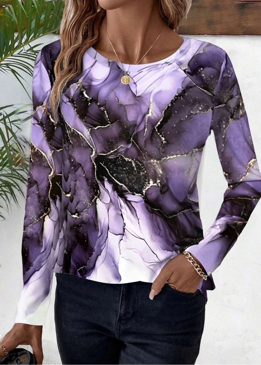 Elovana® Purple Floral Print Long Sleeve Round Neck T Shirt - Elovana Montreal - 