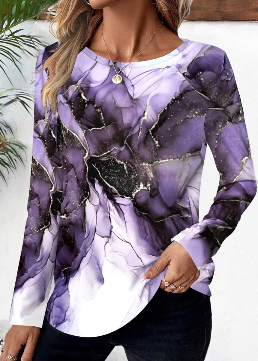 Elovana® Purple Floral Print Long Sleeve Round Neck T Shirt - Elovana Montreal - 