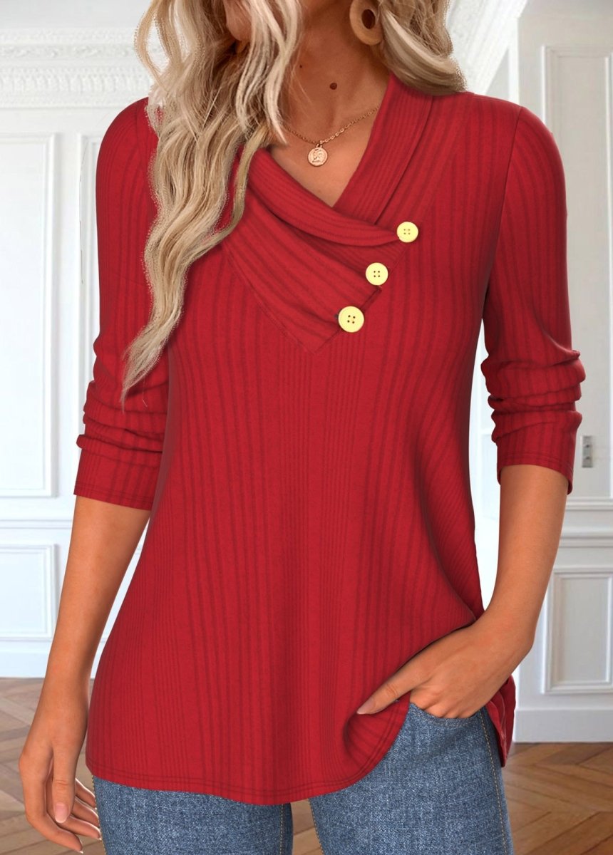 Elovana® Red Button Long Sleeve V Neck T Shirt - Elovana Montreal - 