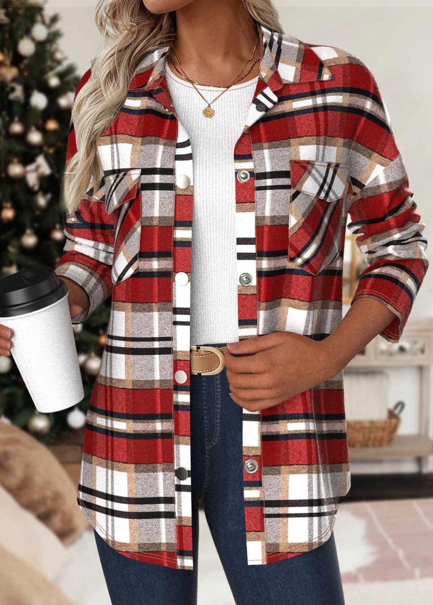 Elovana® Red Patchwork Plaid Long Sleeve Turn Down Collar Coat - Elovana Montreal - 