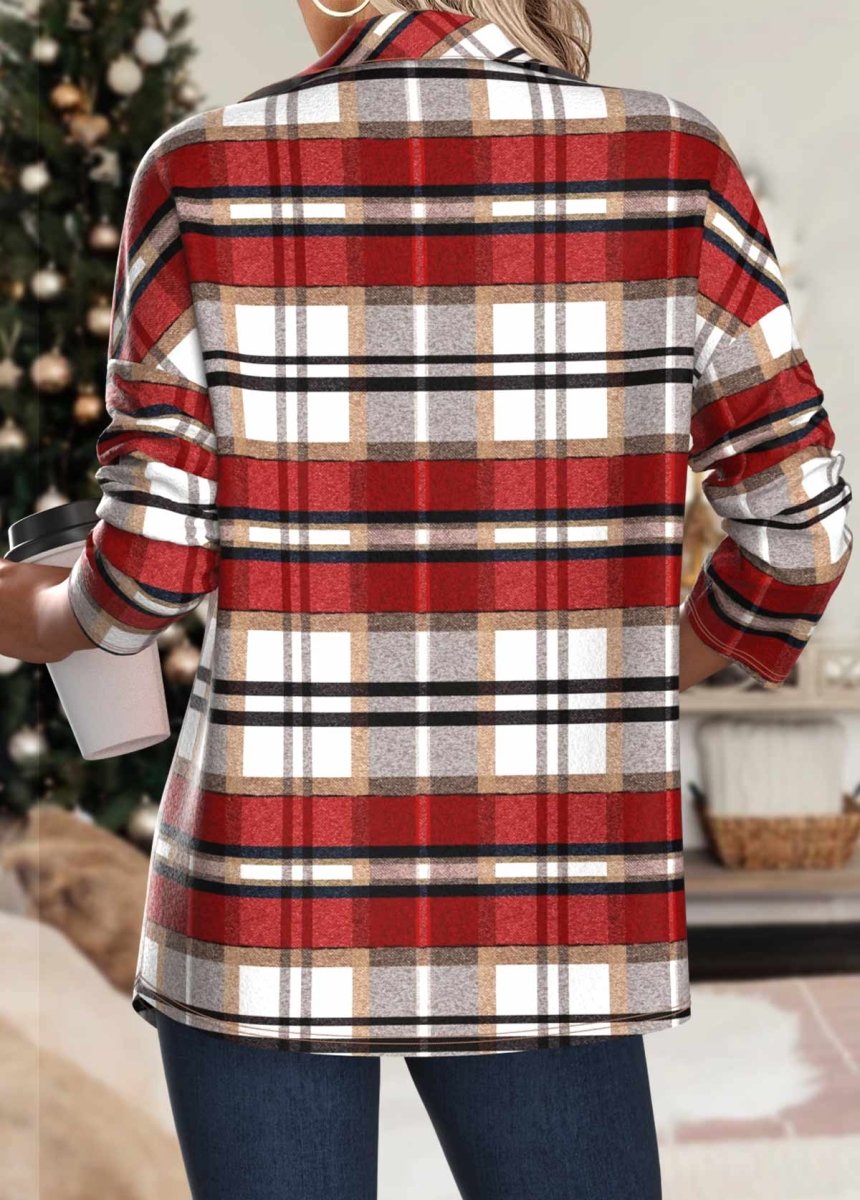 Elovana® Red Patchwork Plaid Long Sleeve Turn Down Collar Coat - Elovana Montreal - 