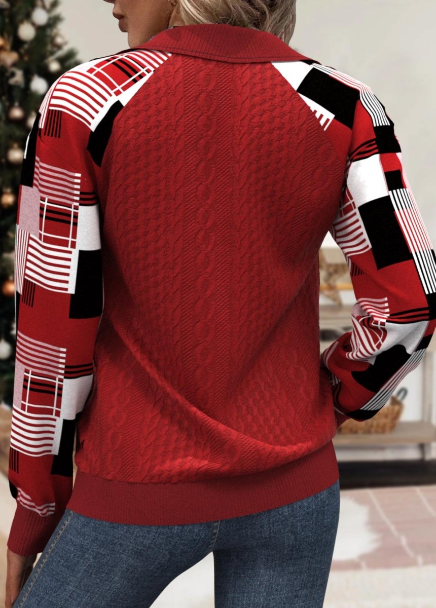 Elovana® Red Patchwork Plaid Long Sleeve Turn Down Collar Sweatshirt - Elovana Montreal - 