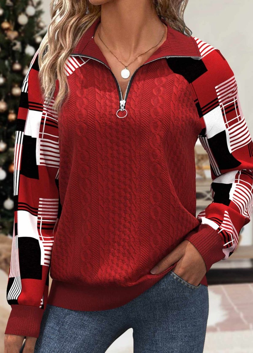 Elovana® Red Patchwork Plaid Long Sleeve Turn Down Collar Sweatshirt - Elovana Montreal - 