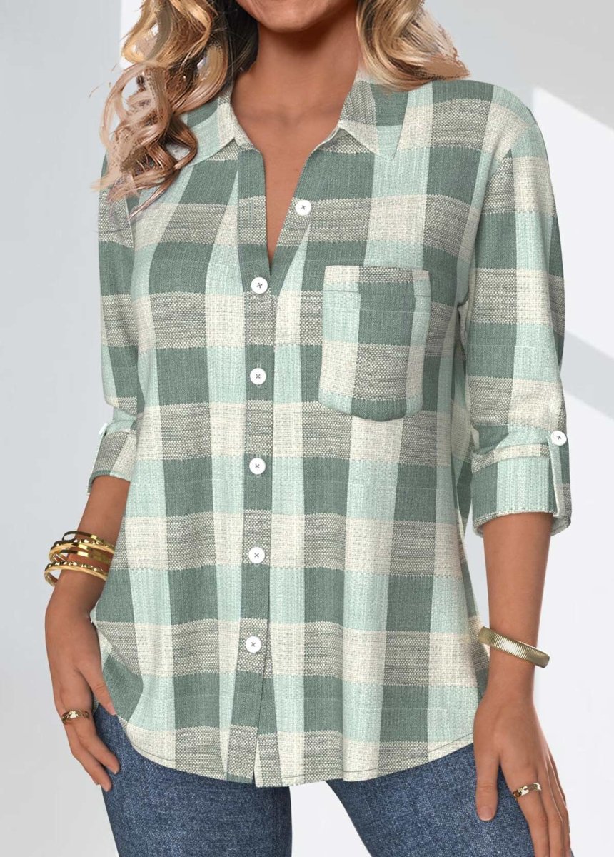 Elovana® Sage Green Button Plaid Three Quarter Length Sleeve Blouse - Elovana Montreal - 