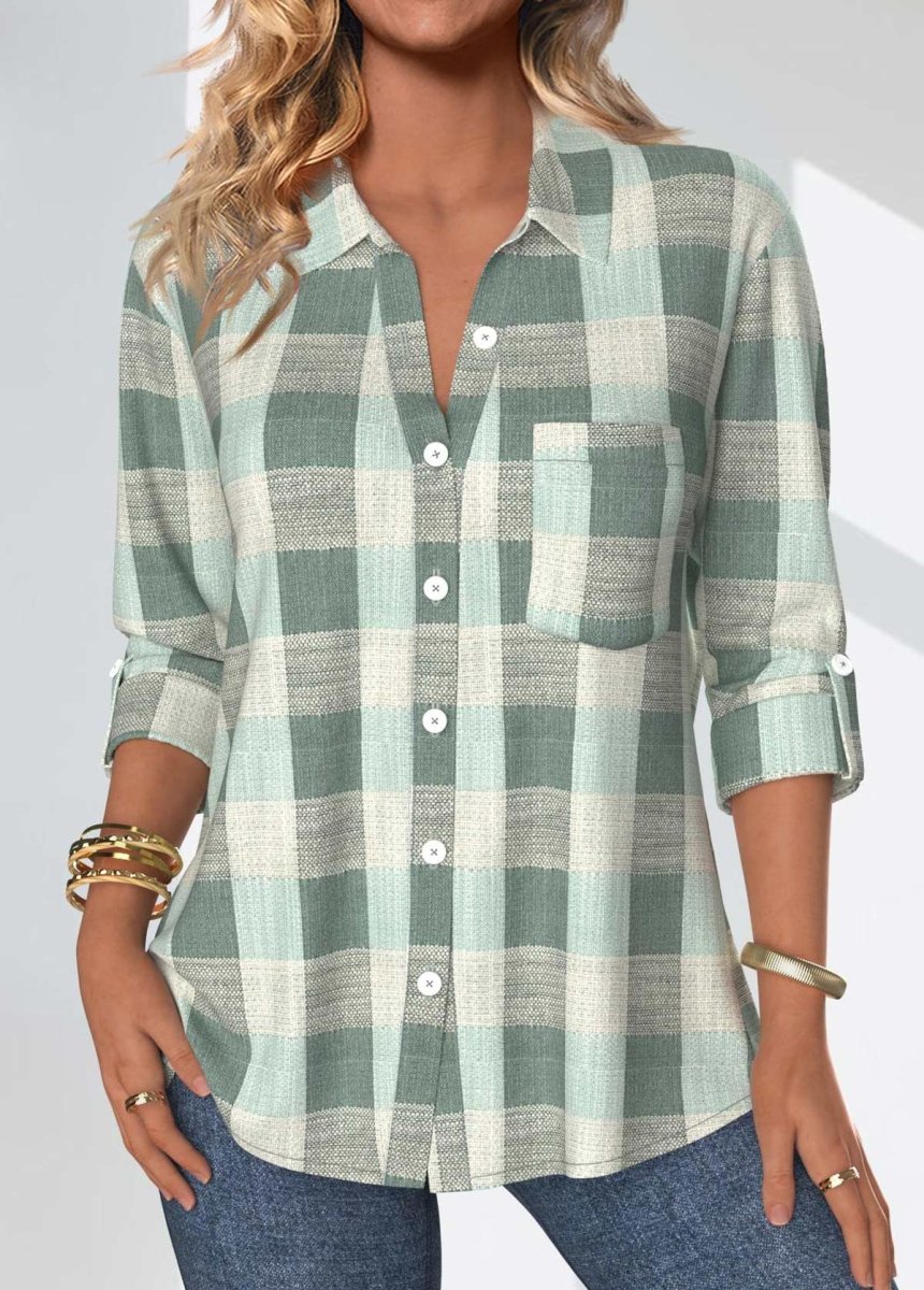 Elovana® Sage Green Button Plaid Three Quarter Length Sleeve Blouse - Elovana Montreal - 