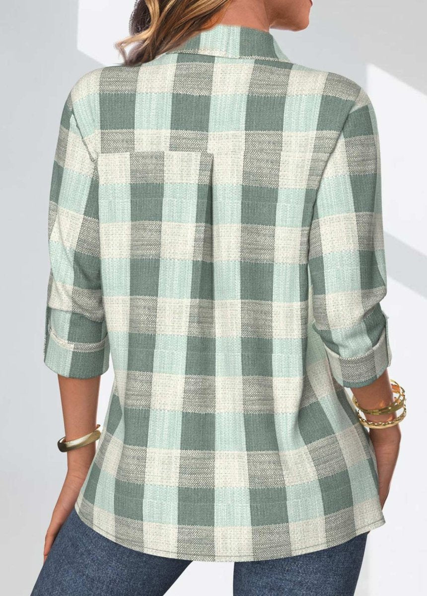 Elovana® Sage Green Button Plaid Three Quarter Length Sleeve Blouse - Elovana Montreal - 