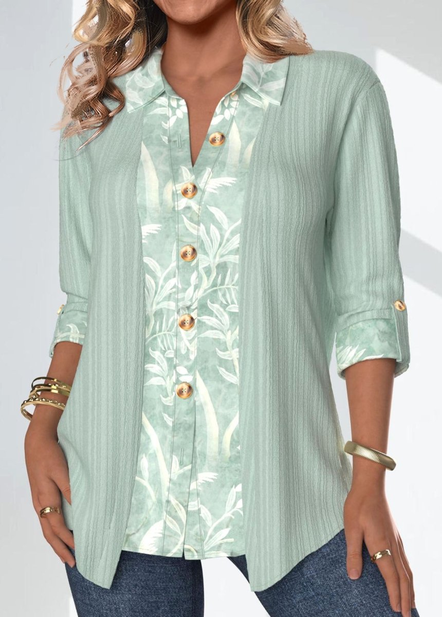 Elovana® Sage Green Patchwork Leaf Print Long Sleeve Blouse - Elovana Montreal - 