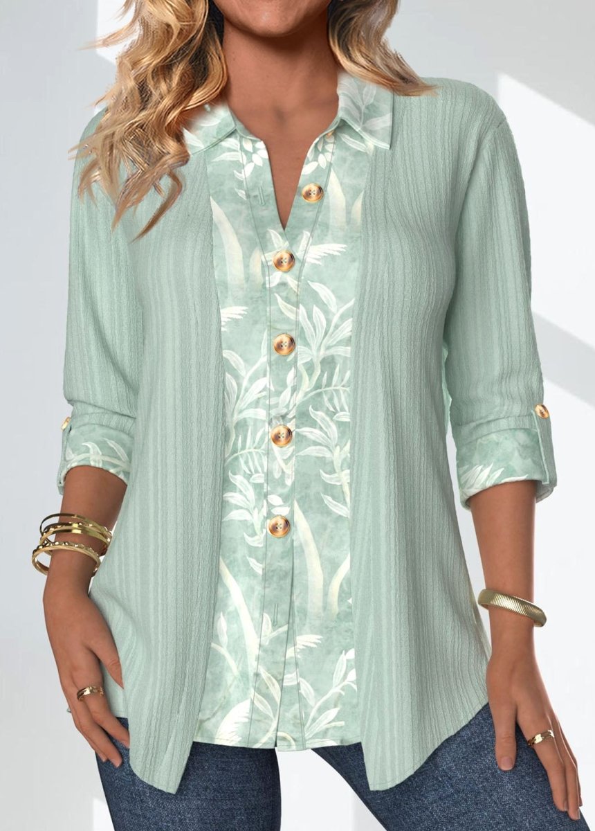 Elovana® Sage Green Patchwork Leaf Print Long Sleeve Blouse - Elovana Montreal - 