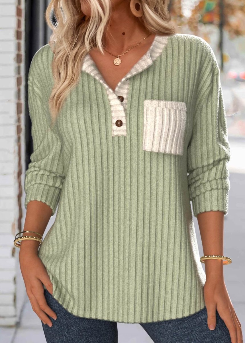 Elovana® Sage Green Patchwork Long Sleeve Split Neck Sweatshirt - Elovana Montreal - 