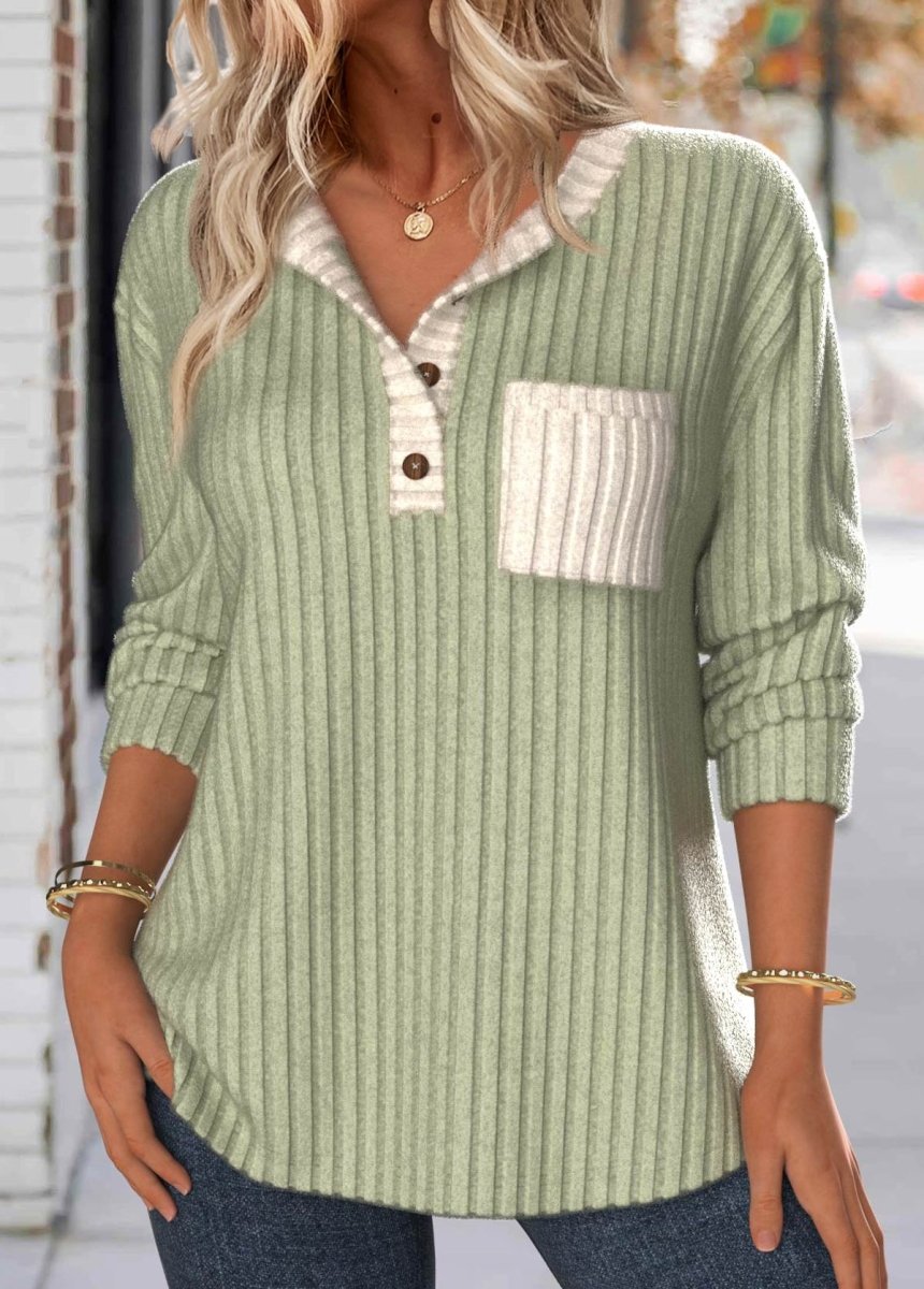 Elovana® Sage Green Patchwork Long Sleeve Split Neck Sweatshirt - Elovana Montreal - 