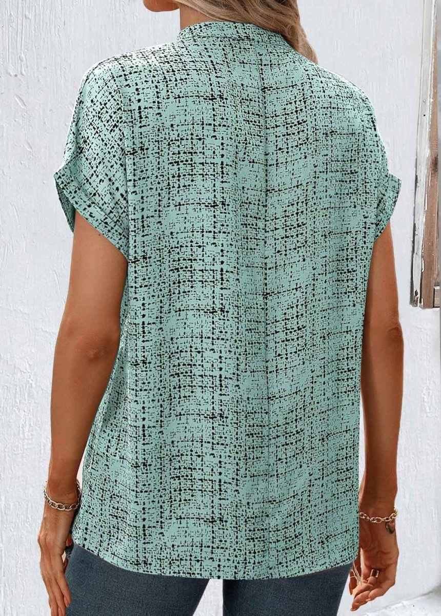 Elovana® Sage Green Split Geometric Print Short Sleeve Blouse - Elovana Montreal - 