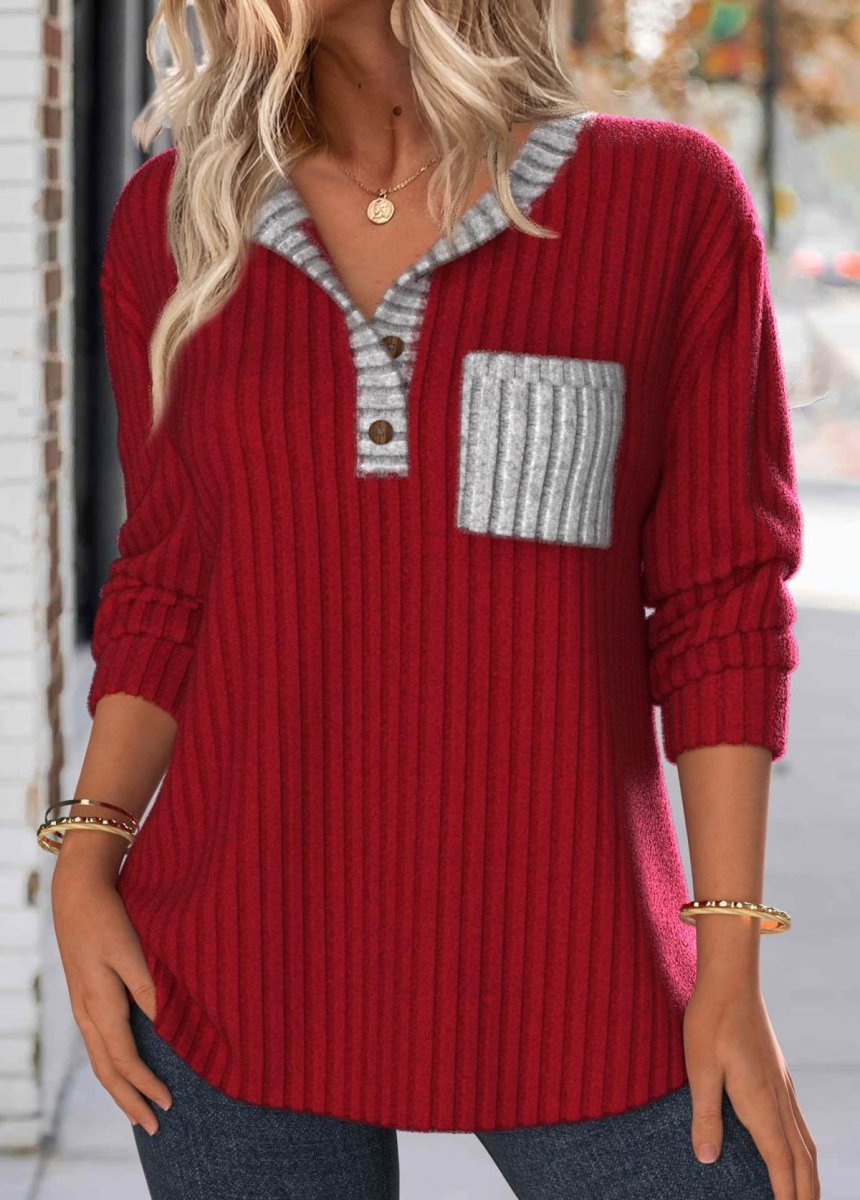 Elovana® Wine Red Button Long Sleeve Split Neck Sweatshirt - Elovana Montreal - 