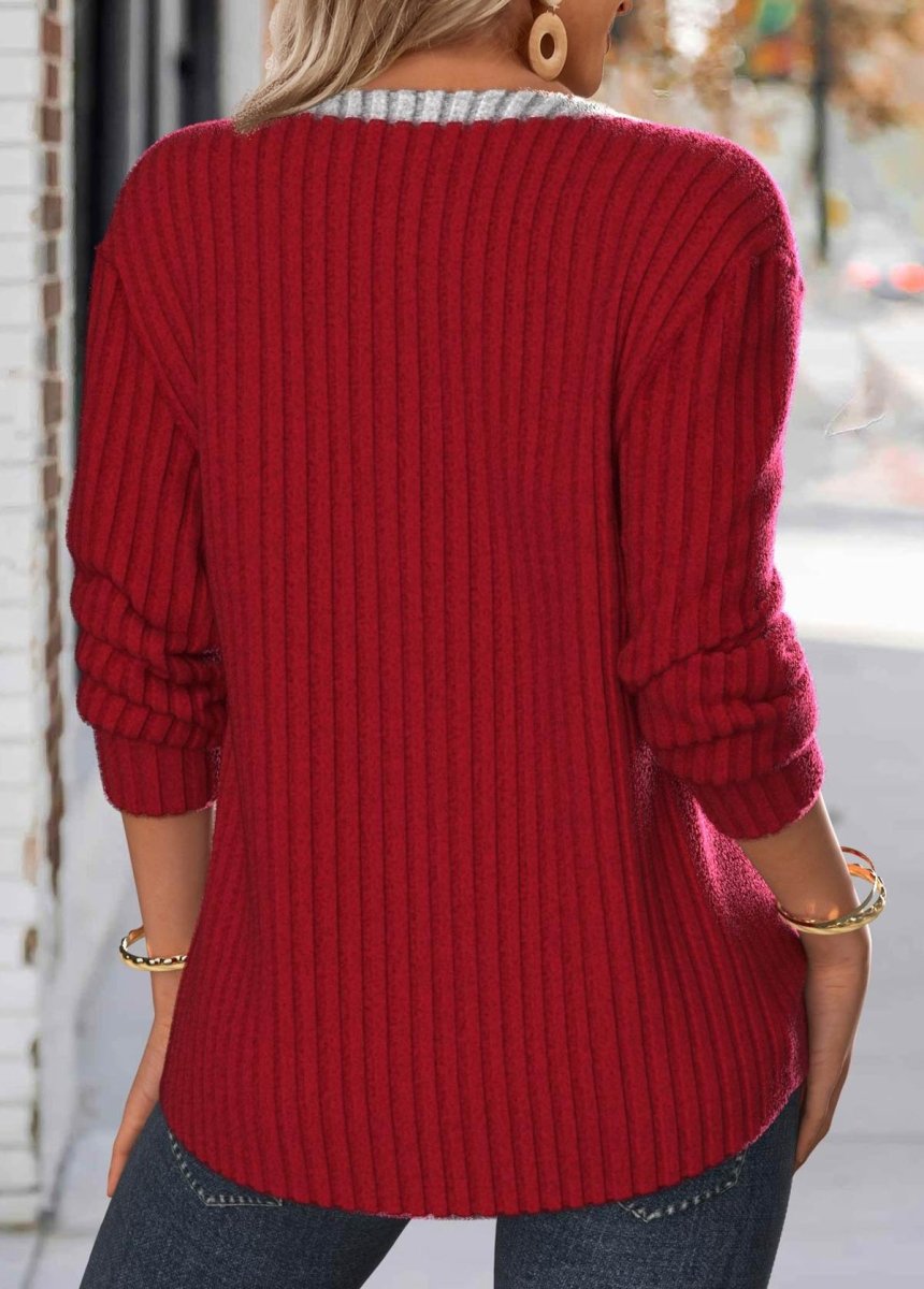 Elovana® Wine Red Button Long Sleeve Split Neck Sweatshirt - Elovana Montreal - 