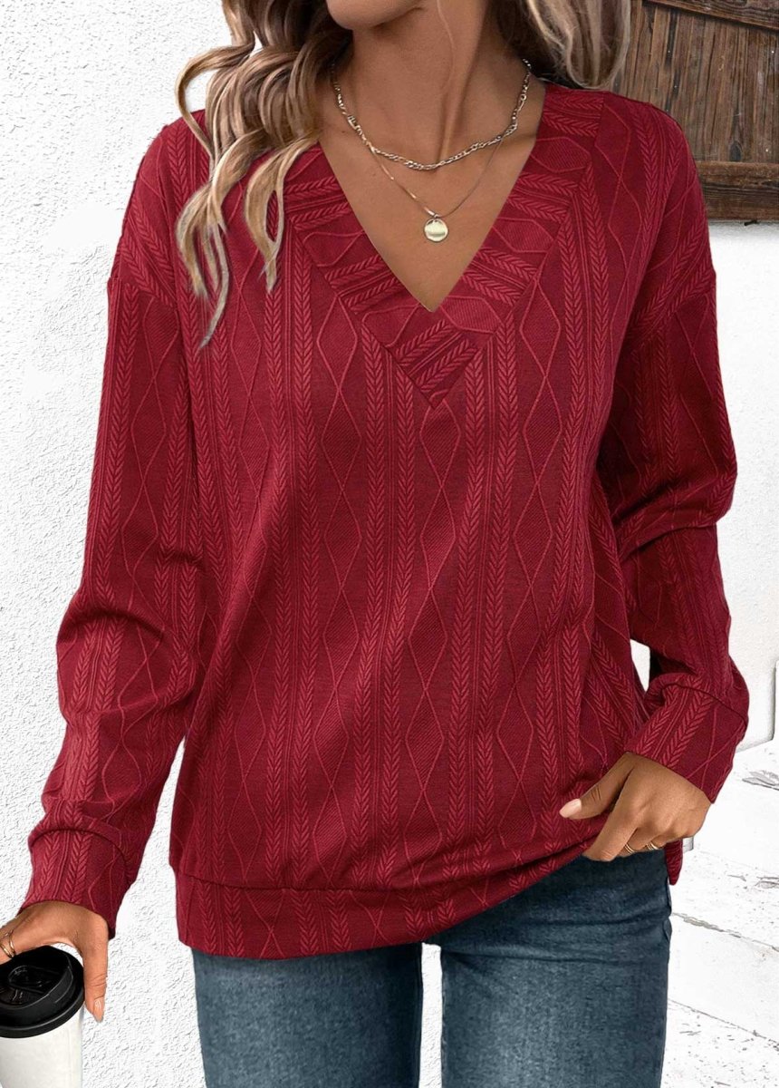 Elovana® Wine Red Jacquard Long Sleeve V Neck Sweatshirt - Elovana Montreal - 