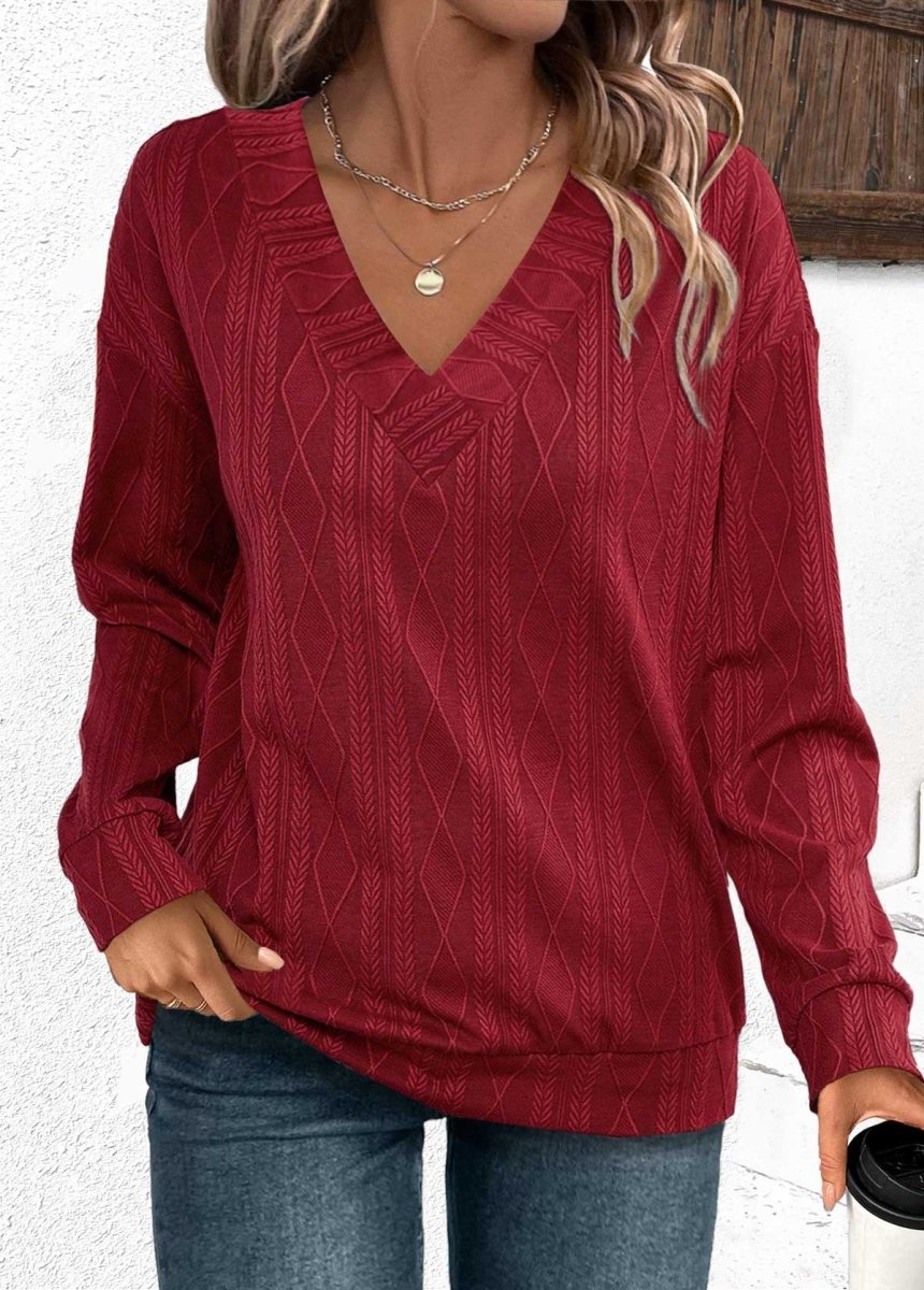 Elovana® Wine Red Jacquard Long Sleeve V Neck Sweatshirt - Elovana Montreal - 