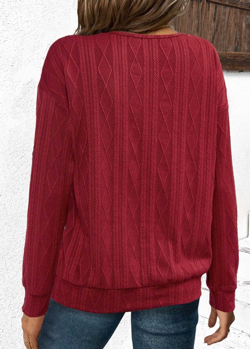 Elovana® Wine Red Jacquard Long Sleeve V Neck Sweatshirt - Elovana Montreal - 