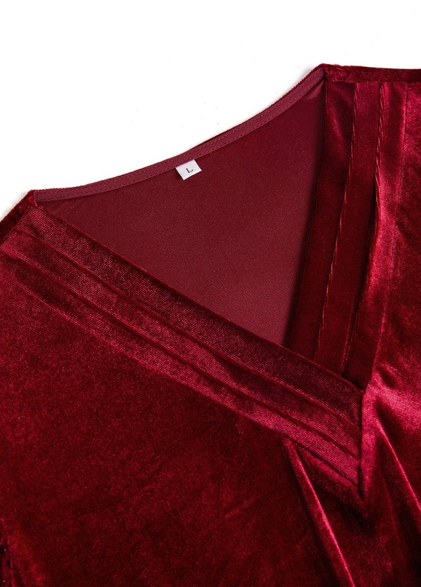 Elovana® Wine Red Velvet Long Sleeve V Neck T Shirt - Elovana Montreal - 