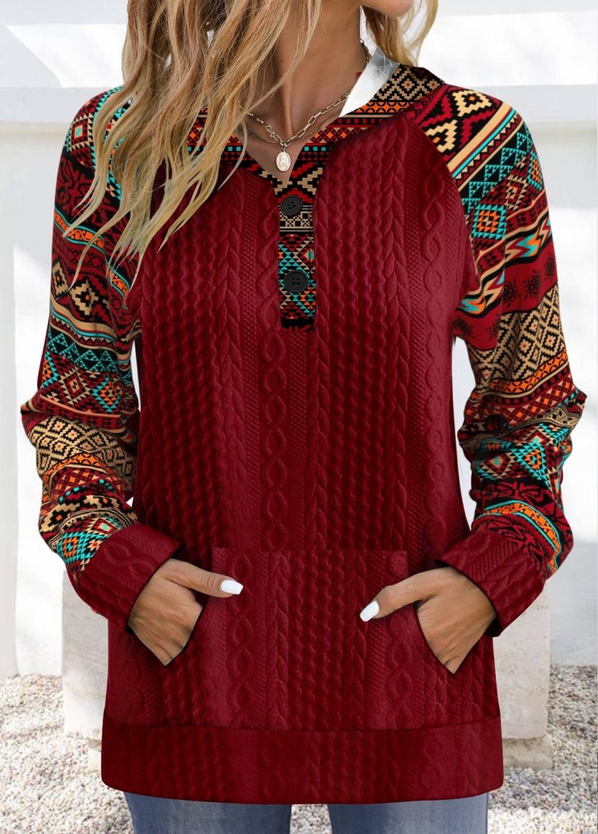 Final Sale Elovana® Wine Red Patchwork Tribal Print Long Sleeve Hoodie - Elovana Montreal - 