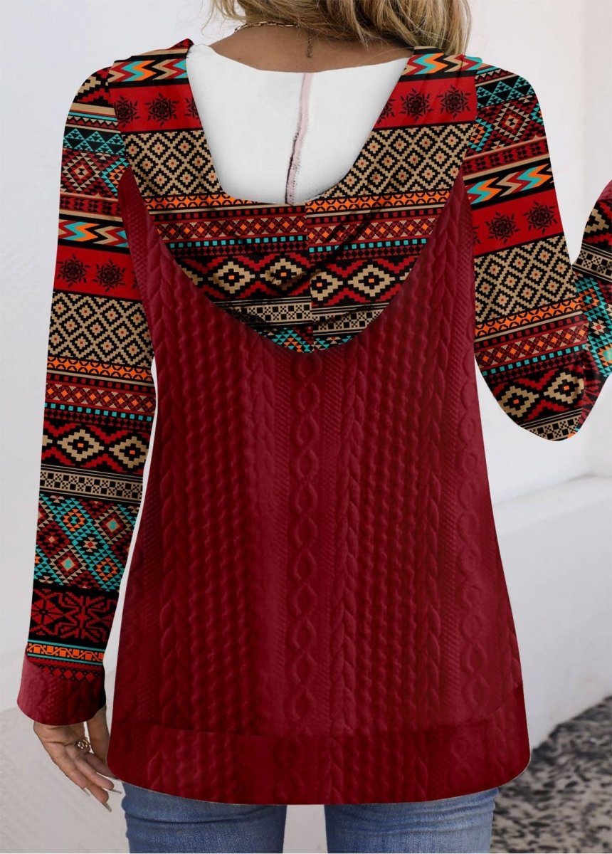 Final Sale Elovana® Wine Red Patchwork Tribal Print Long Sleeve Hoodie - Elovana Montreal - 