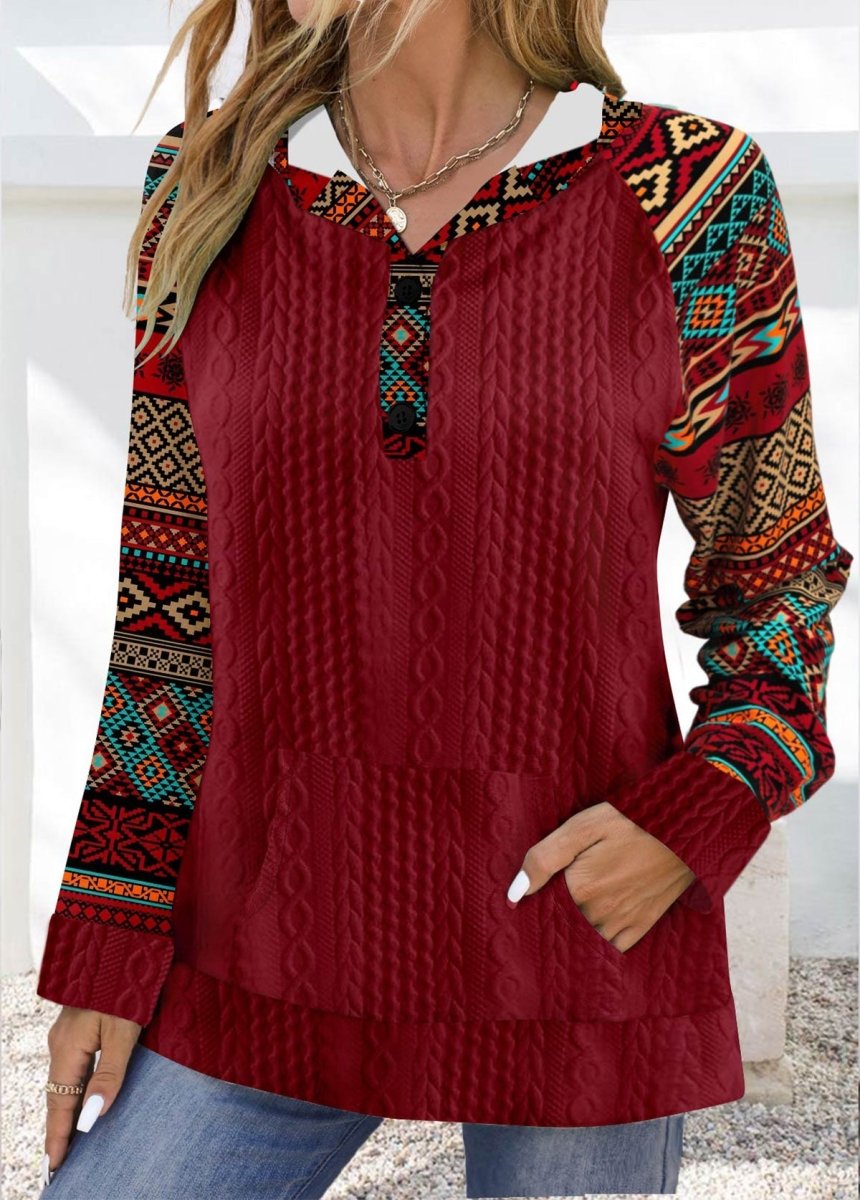 Final Sale Elovana® Wine Red Patchwork Tribal Print Long Sleeve Hoodie - Elovana Montreal - 