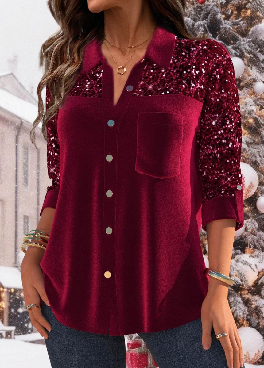 Final Sale Elovana® Wine Red Sequin Velvet Long Sleeve Shirt - Elovana Montreal - 