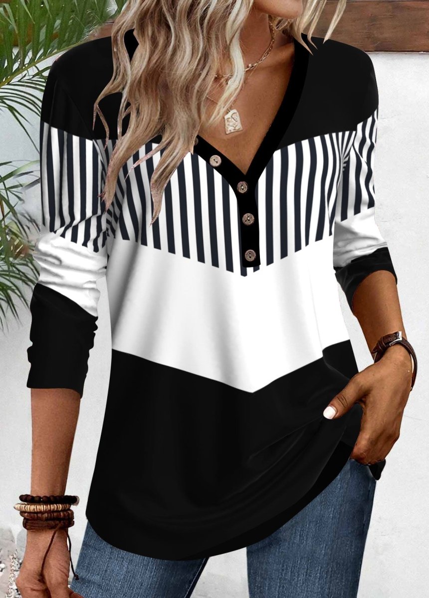 Flash Sale Elovana® Black Button Geometric Print Long Sleeve T Shirt - Elovana Montreal - 