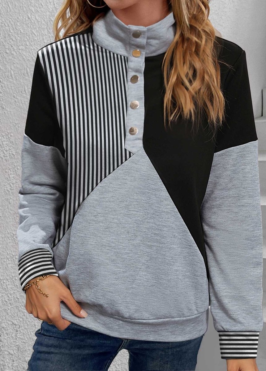 Flash Sale Elovana® Black Snap Button Striped Long Sleeve Turtleneck Sweatshirt - Elovana Montreal - 