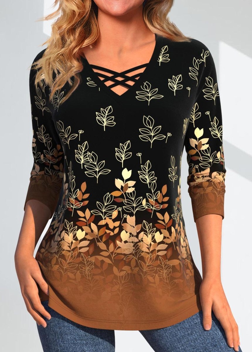 Flash Sale Elovana® Dark Camel Criss Cross Leaf Print T Shirt - Elovana Montreal - 