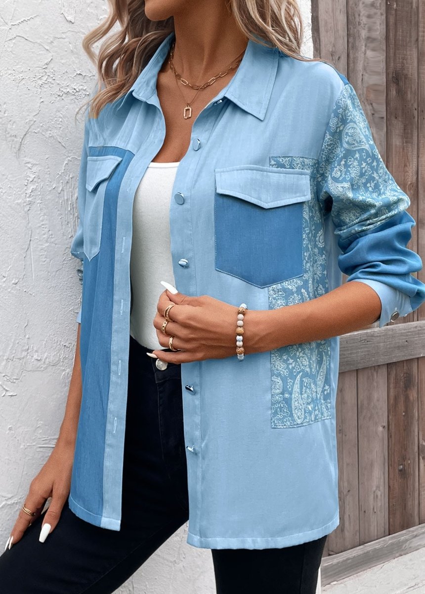 Flash Sale Elovana DESIGN Denim Blue Patchwork Paisley Print Long Sleeve Blouse - Elovana Montreal - 