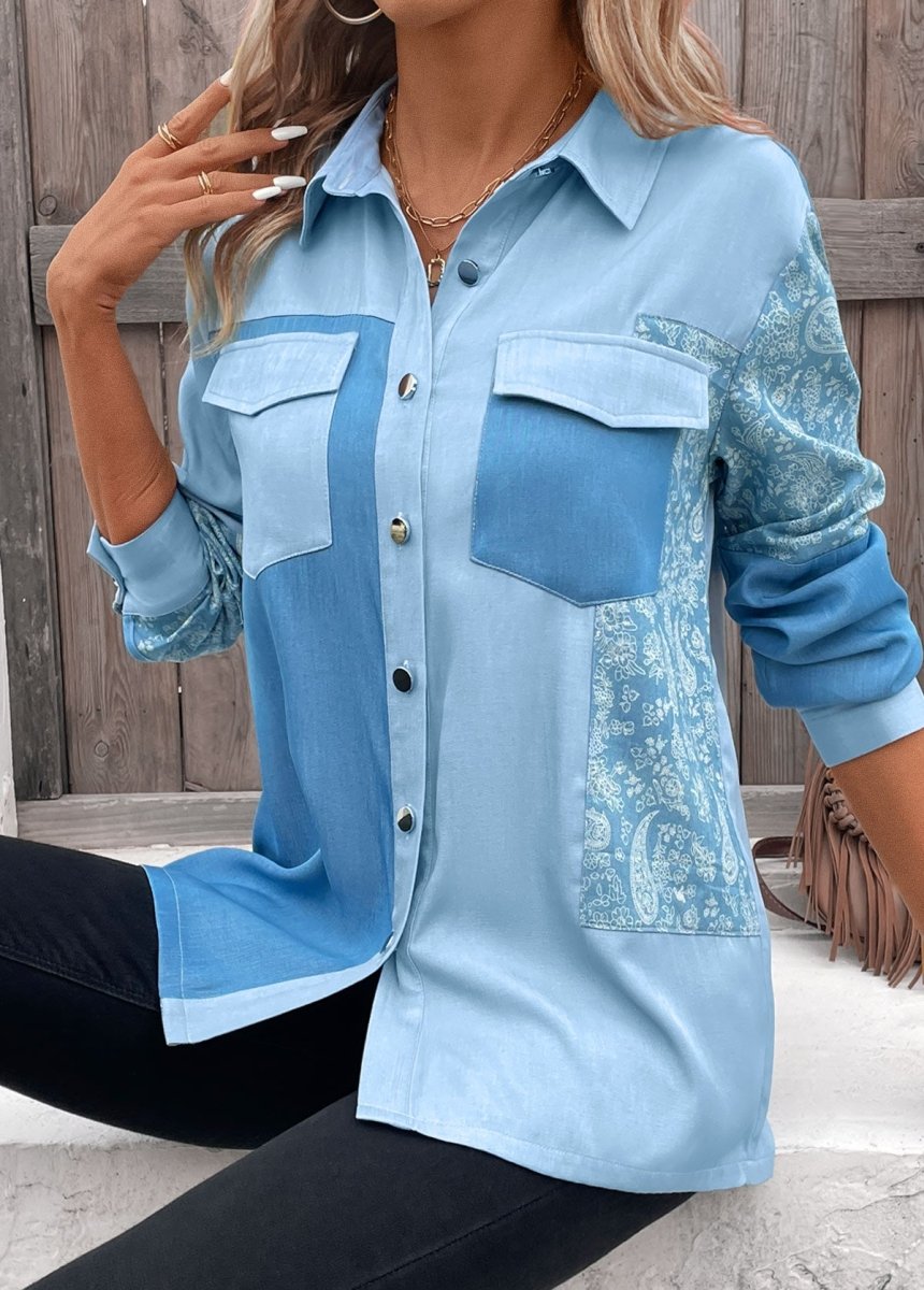 Flash Sale Elovana DESIGN Denim Blue Patchwork Paisley Print Long Sleeve Blouse - Elovana Montreal - 