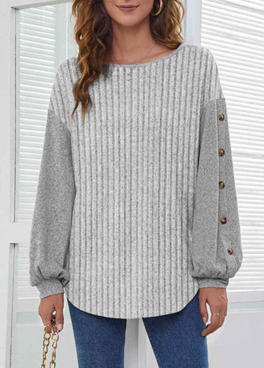 Flash Sale Elovana® Grey Button Long Sleeve Round Neck Sweatshirt - Elovana Montreal - 