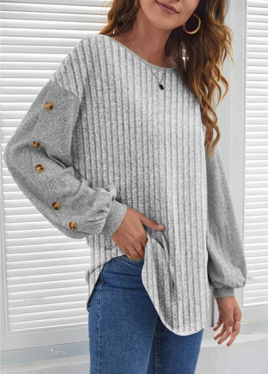 Flash Sale Elovana® Grey Button Long Sleeve Round Neck Sweatshirt - Elovana Montreal - 