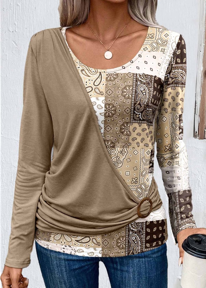 Flash Sale Elovana® Light Camel Asymmetry Patchwork Long Sleeve T Shirt - Elovana Montreal - 