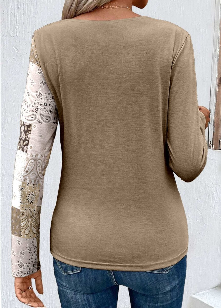 Flash Sale Elovana® Light Camel Asymmetry Patchwork Long Sleeve T Shirt - Elovana Montreal - 