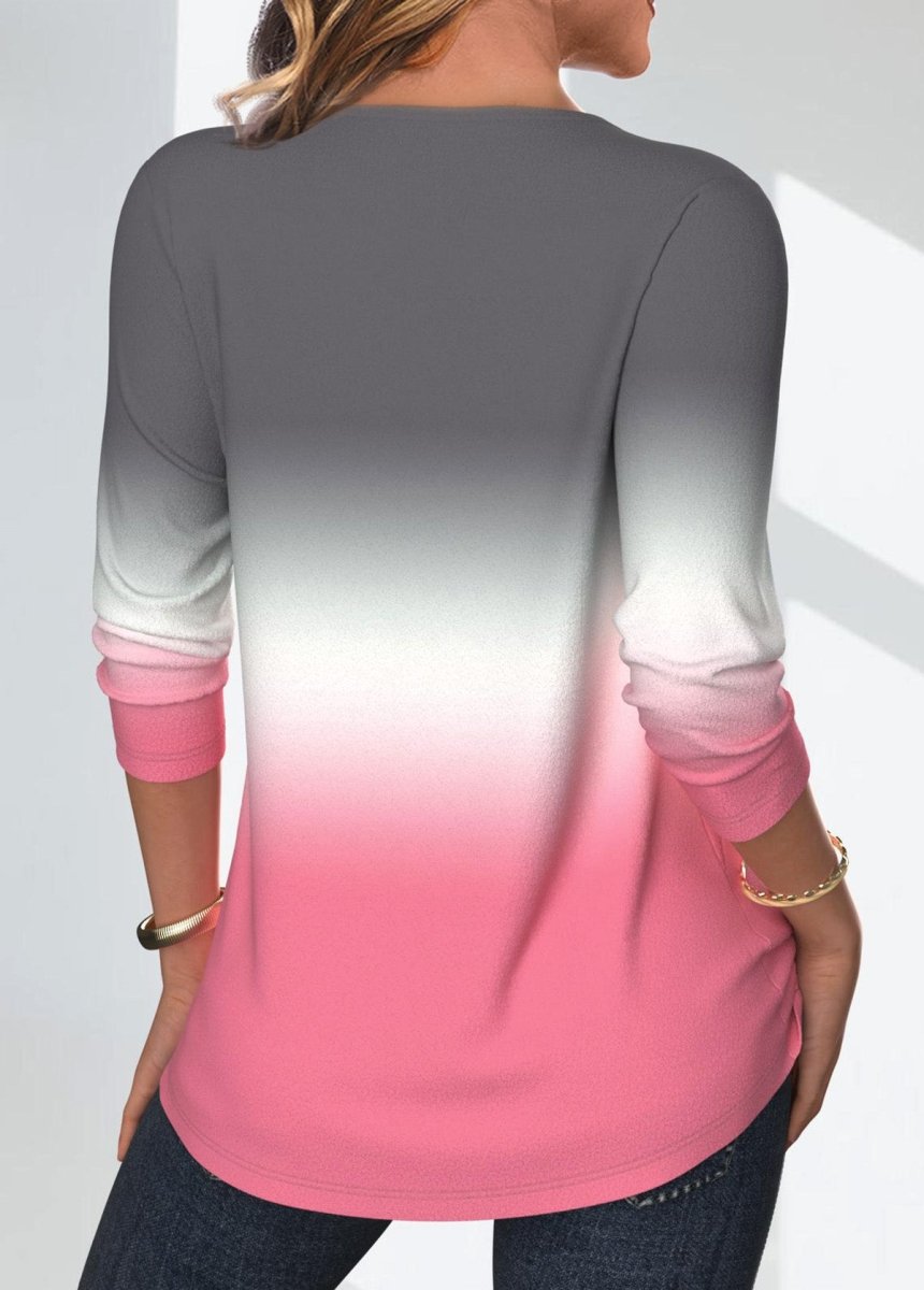 Flash Sale Elovana® Pink Tuck Stitch Ombre Long Sleeve Round Neck Blouse - Elovana Montreal - 