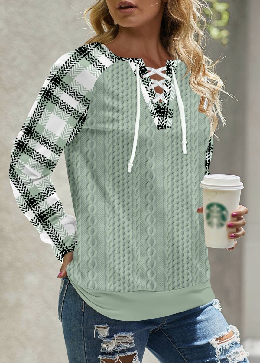 Flash Sale Elovana® Sage Green Lace Up Plaid Long Sleeve Sweatshirt - Elovana Montreal - 