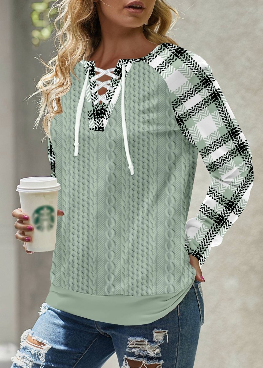 Flash Sale Elovana® Sage Green Lace Up Plaid Long Sleeve Sweatshirt - Elovana Montreal - 