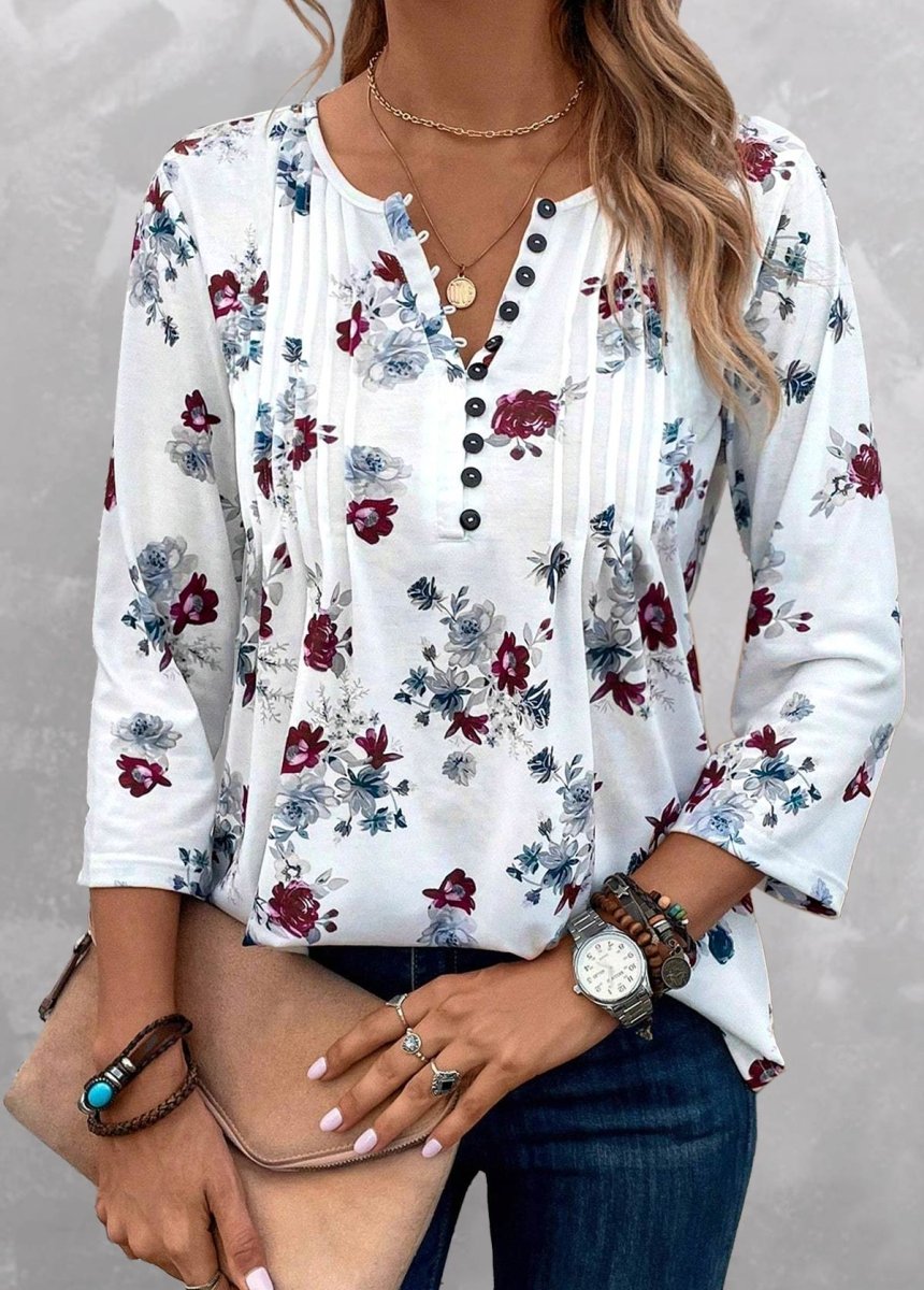 Flash Sale Elovana® White Tuck Stitch Floral Print 3/4 Sleeve Blouse - Elovana Montreal - 