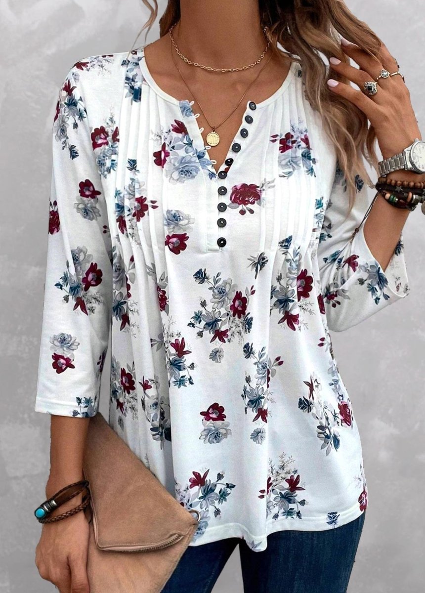 Flash Sale Elovana® White Tuck Stitch Floral Print 3/4 Sleeve Blouse - Elovana Montreal - 