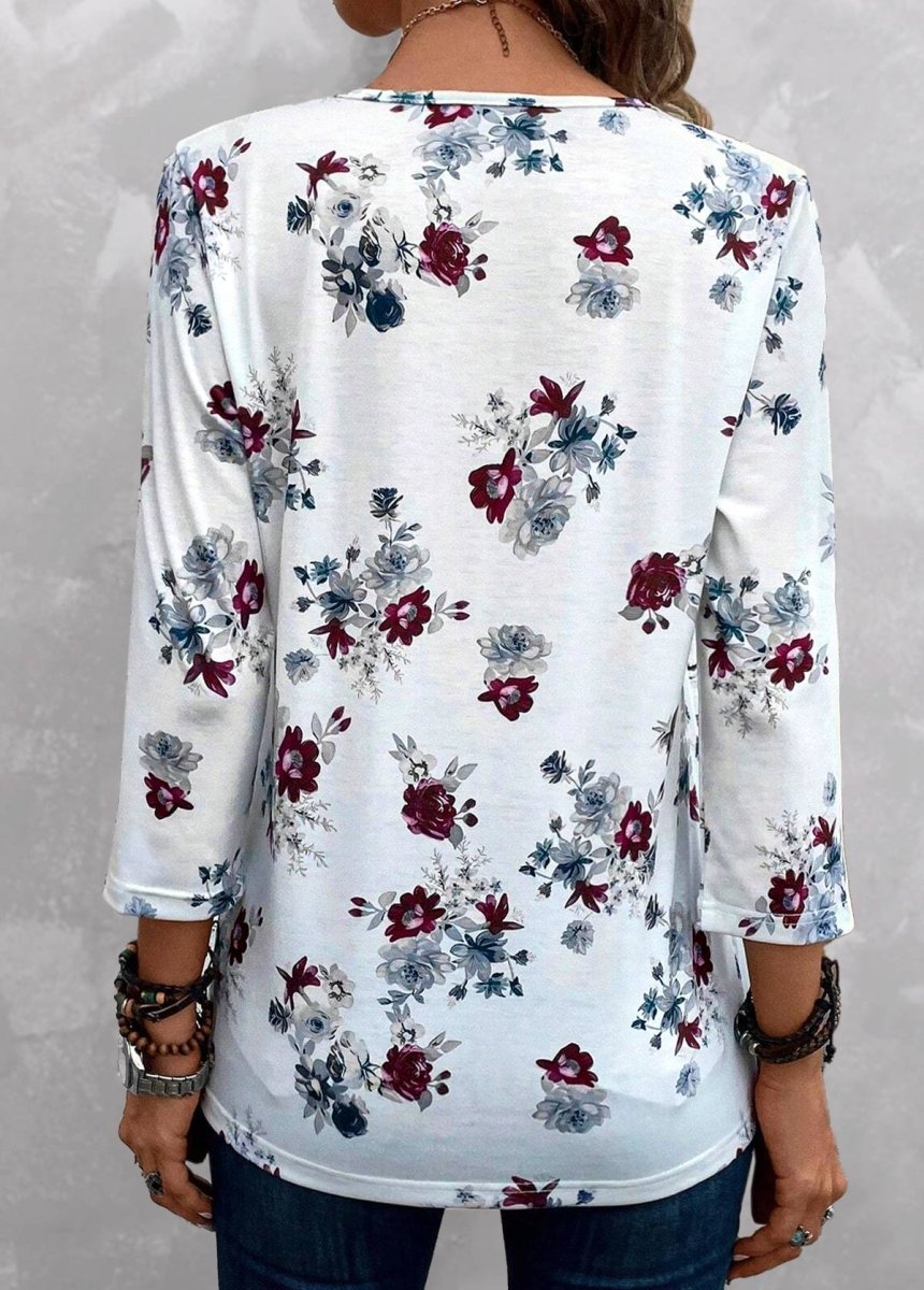 Flash Sale Elovana® White Tuck Stitch Floral Print 3/4 Sleeve Blouse - Elovana Montreal - 