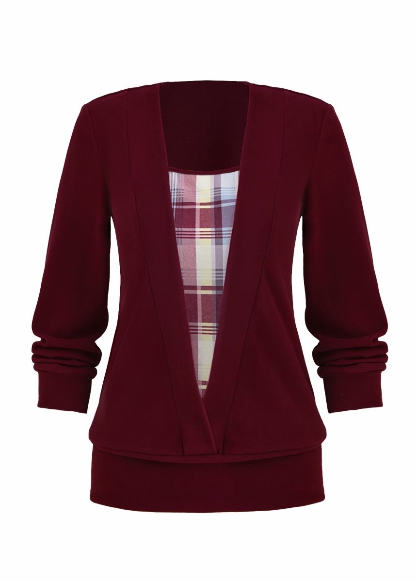 Flash Sale Elovana® Wine Red Fake 2in1 Plaid Long Sleeve Sweatshirt - Elovana Montreal - 