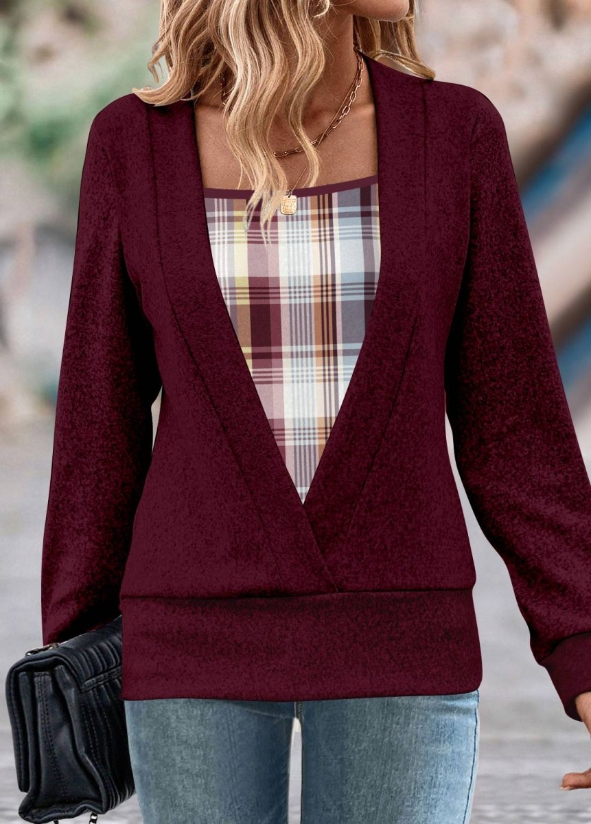 Flash Sale Elovana® Wine Red Fake 2in1 Plaid Long Sleeve Sweatshirt - Elovana Montreal - 