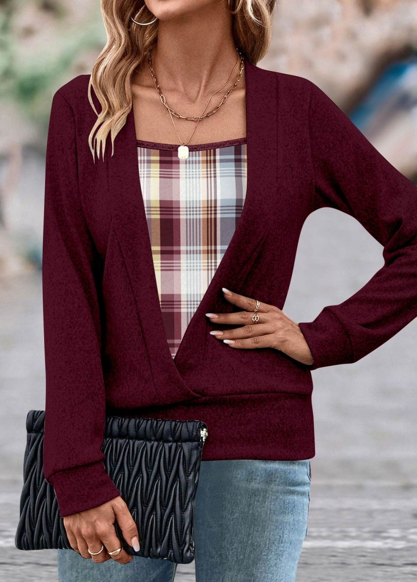 Flash Sale Elovana® Wine Red Fake 2in1 Plaid Long Sleeve Sweatshirt - Elovana Montreal - 