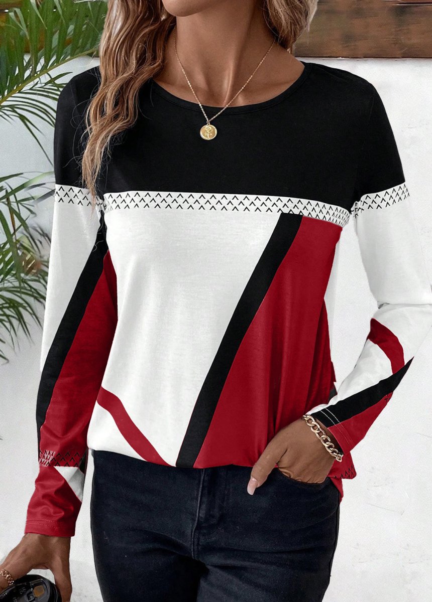 Flash Sale Elovana® Wine Red Patchwork Geometric Print Long Sleeve T Shirt - Elovana Montreal - 